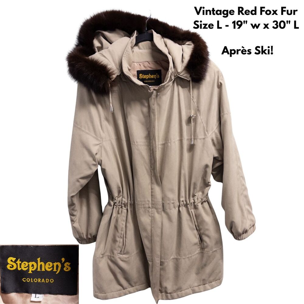 Vintage 1980s Colorado‎ Fox Fur Hooded Parka Large Thermolite Cinch Waist Jacket